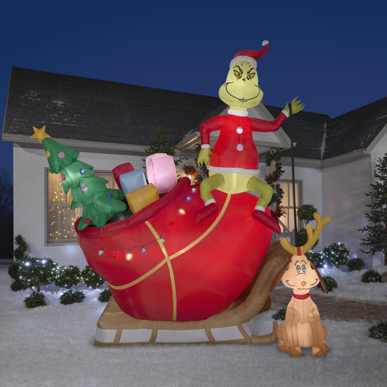 Airblown Grinch and Max in Sleigh Colossal Scene Inflatable
