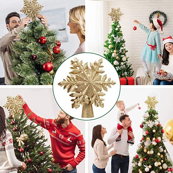 Christmas tree topper lighted with golden snowflake projector led rotating magic snowflake 3d hollow glitter lighted gold snow tree topper for Christmas tree decorations