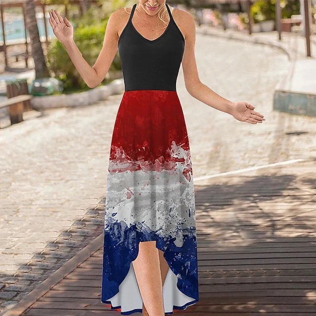 2022 Women's A Line Dress Maxi long Sleeveless Flag Plus High Low Print