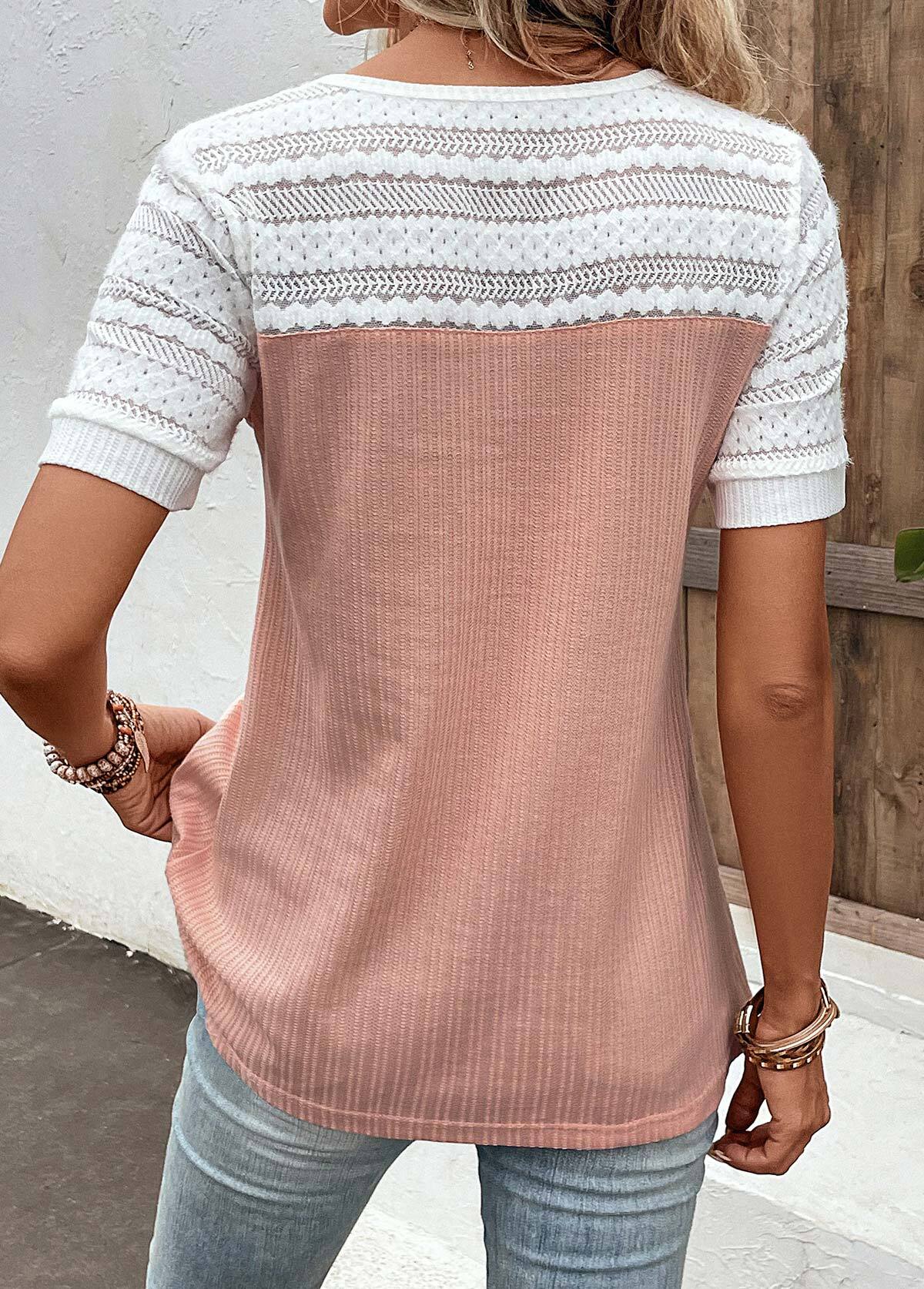 Pink Lace Short Sleeve Round Neck Blouse