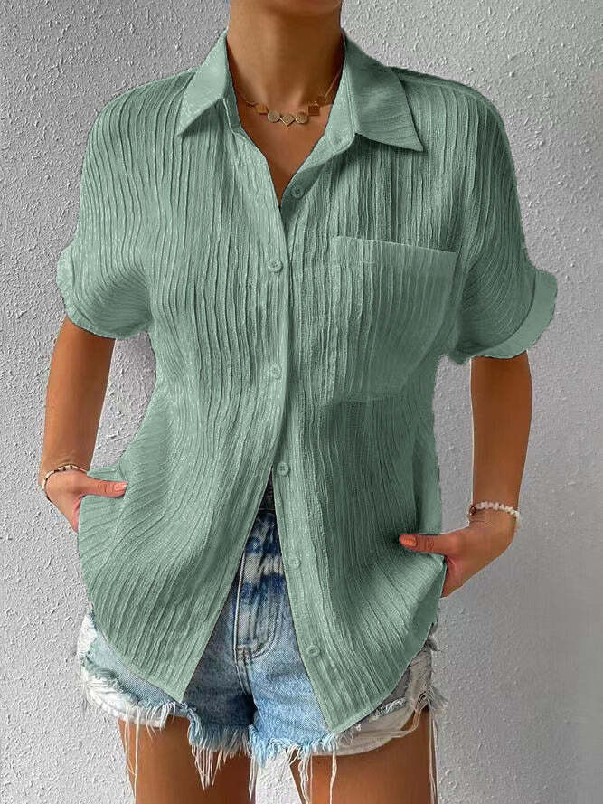 Shirt Collar Casual Buttoned Loose Blouse