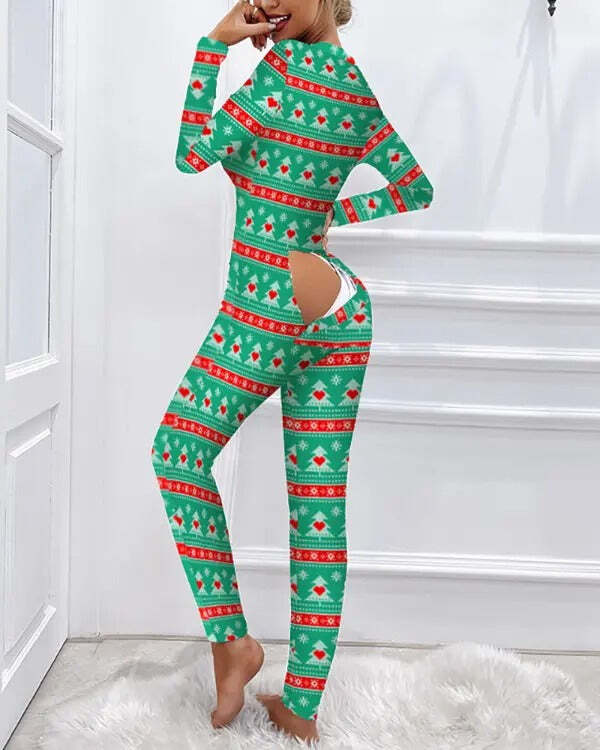 Christmas Tree Print Functional Buttoned Flap Adults Pajamas - 🎅 ...