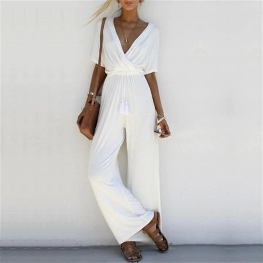 Women's Jumpsuit Solid Colored V Neck Basic Casual Daily Loose Regular Fit Half Sleeve White Black Pink S M L Spring