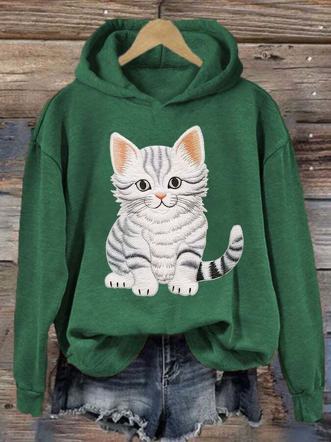 Women's Retro Faux Embroidery Cute Cat Print Hooded Sweatshirt lhr024594