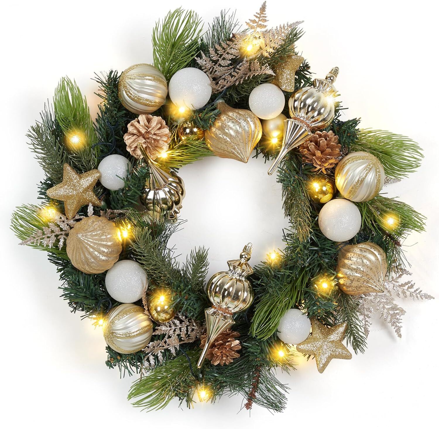 24 Inch Lighted Christmas Wreath with Golden Christmas Balls Ornaments ...