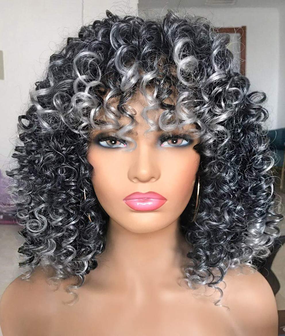 Salt and Pepper Glueless Curly Wig With Bangs Rimisneaker