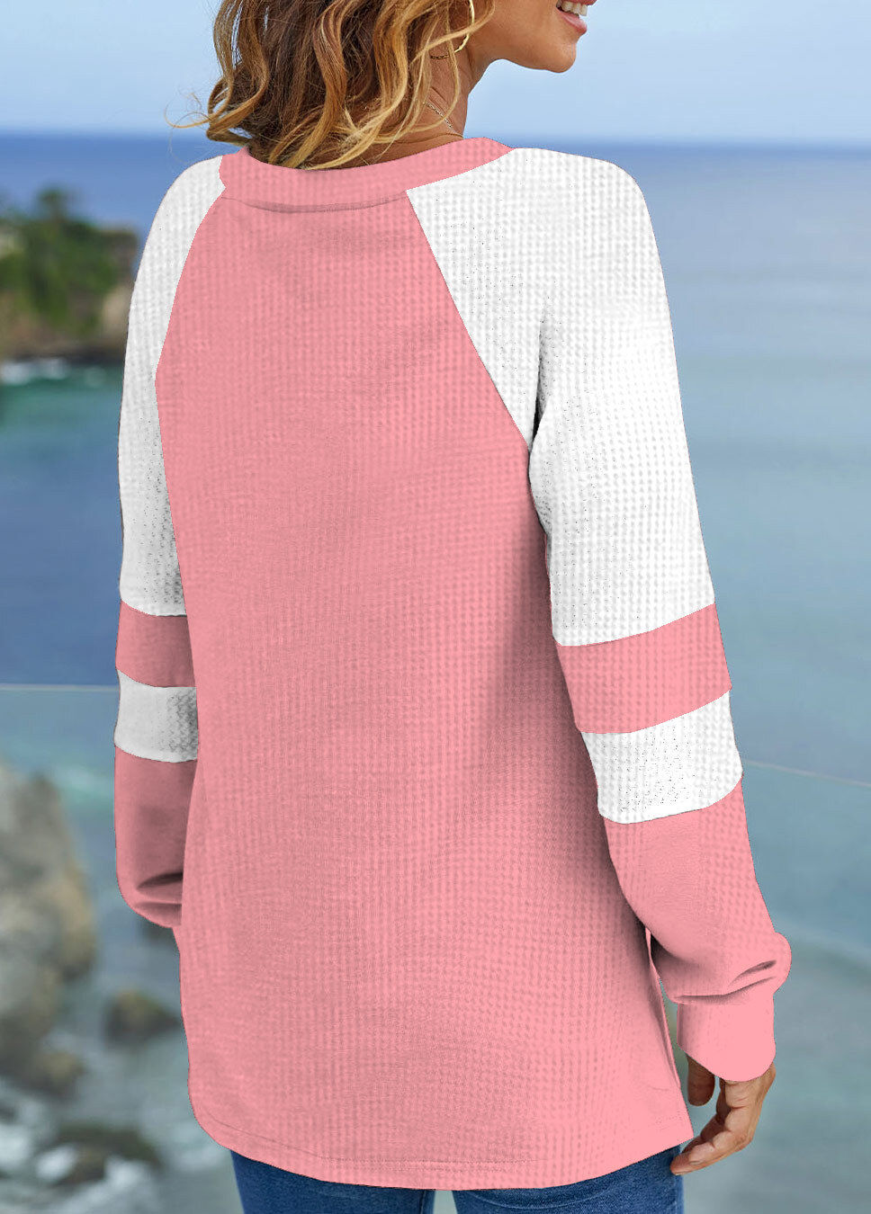 Pink Patchwork Long Sleeve V Neck Sweatshirt