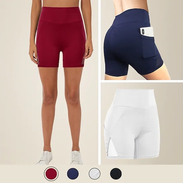 Women's Wide Band Waist Sports Shorts With Phone Pocket Solid Colored High Waist Elastic Yoga Running Bottom Pants