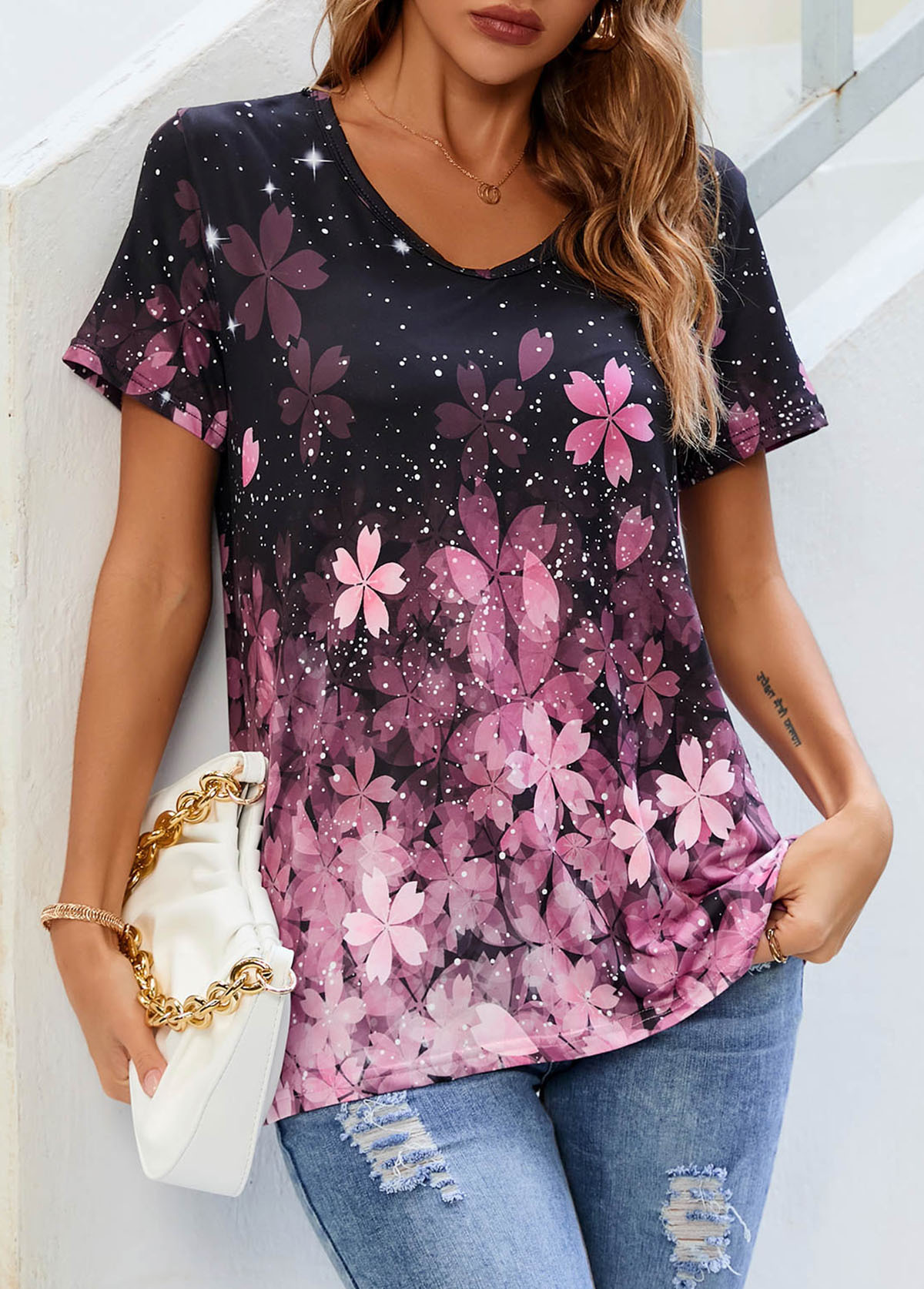 Floral Print Pink V Neck T Shirt