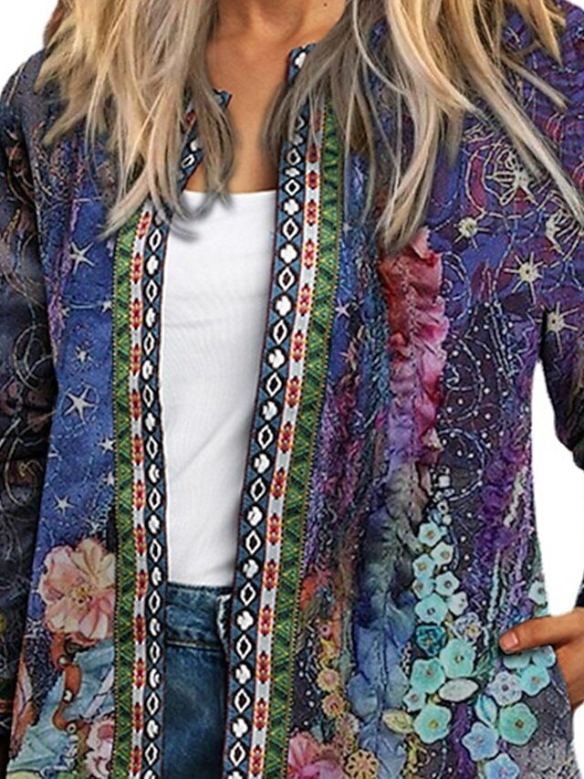 Women's Casual Jacket Daily Holiday Winter Regular Coat Regular Fit Casual Baroque Jacket Long Sleeve Floral Print Blue