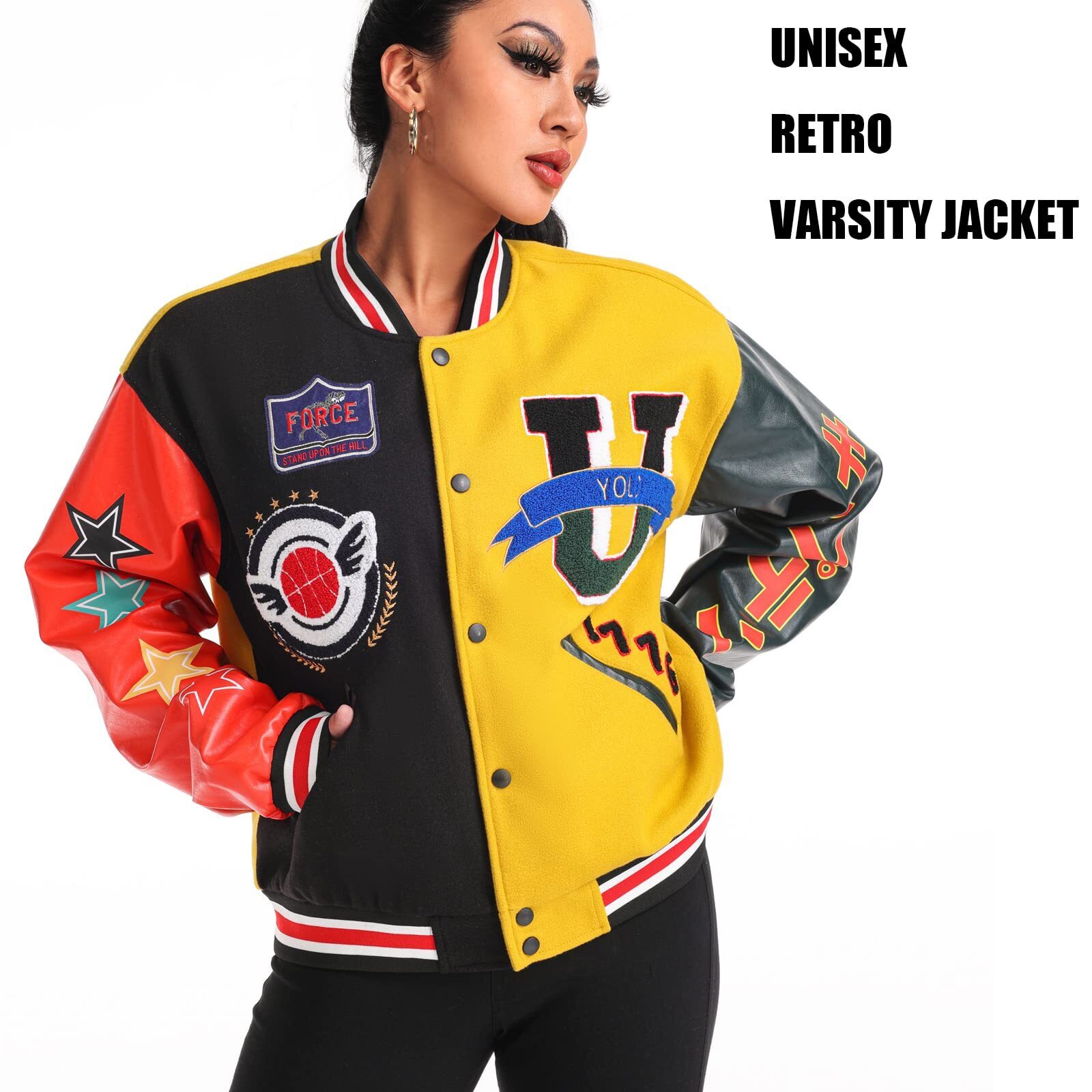 Eocicvvi Varsity Jacket Unisex Y2K Embroidered Letterman Bomber Jacket Casual Baseball Jackets