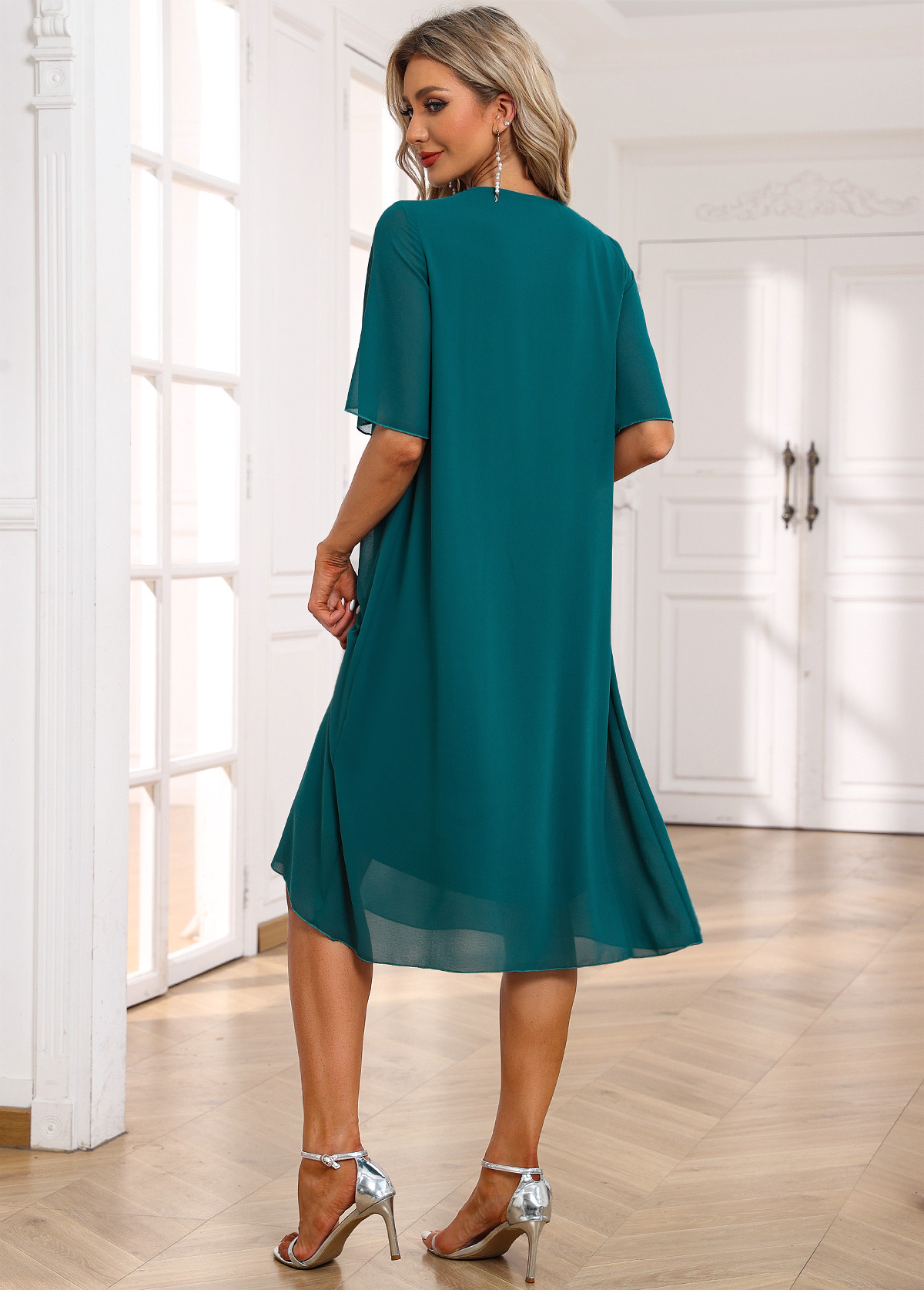 ROTITA Mesh Round Neck Turquoise Shift Dress