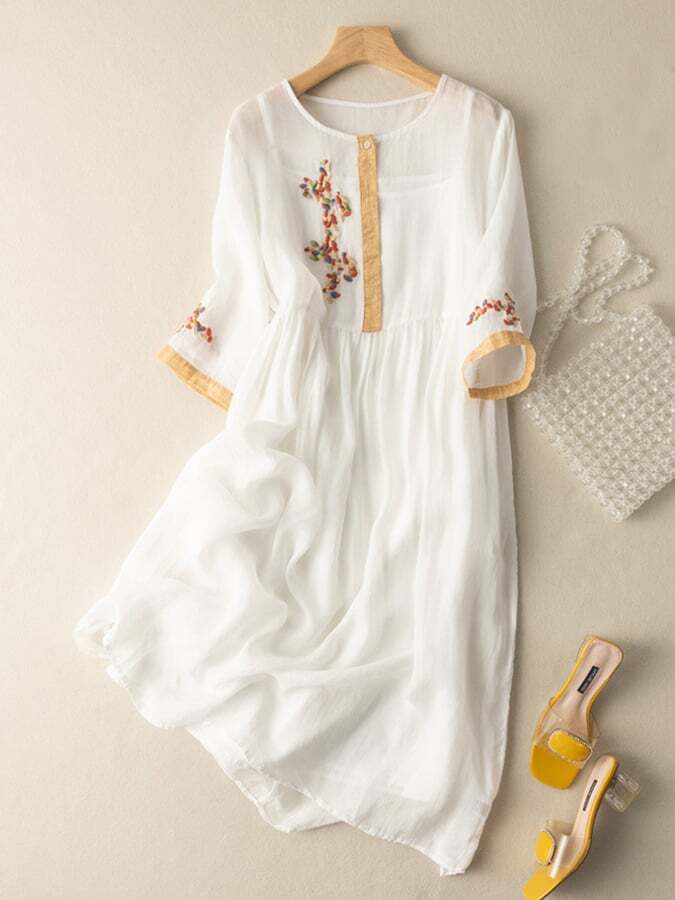 Cotton And Linen Ethnic Style Embroidered Dress