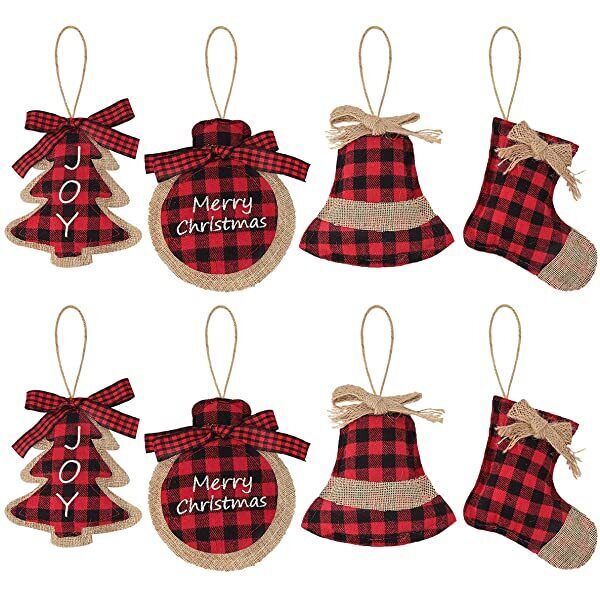 Christmas decorations tree ornament 8 pcs red black buffalo check plaid stitching burlap hanging ornaments tree ball bell stocking shaped hanging decor for holiday xmas party decorations gift