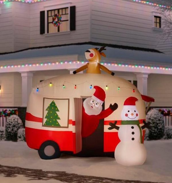 7 ft pre lit inflatable jolly holiday camper with santa and snowman