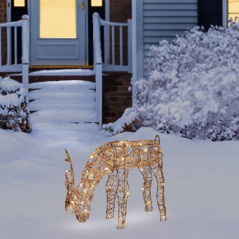 Outdoor Rattan Grazing Christmas Reindeer Lawn Decoration with White Halogen Lights - 24 in.
