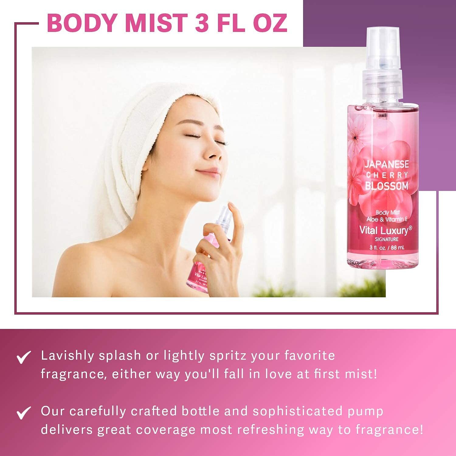 Vital Luxury Bath & Body Care Travel Set - Home Spa Set with Body Lotion, Shower Gel and Fragrance Mist, Valentines Day Gifts for Her and Him(Japanese Cherry Blossom)