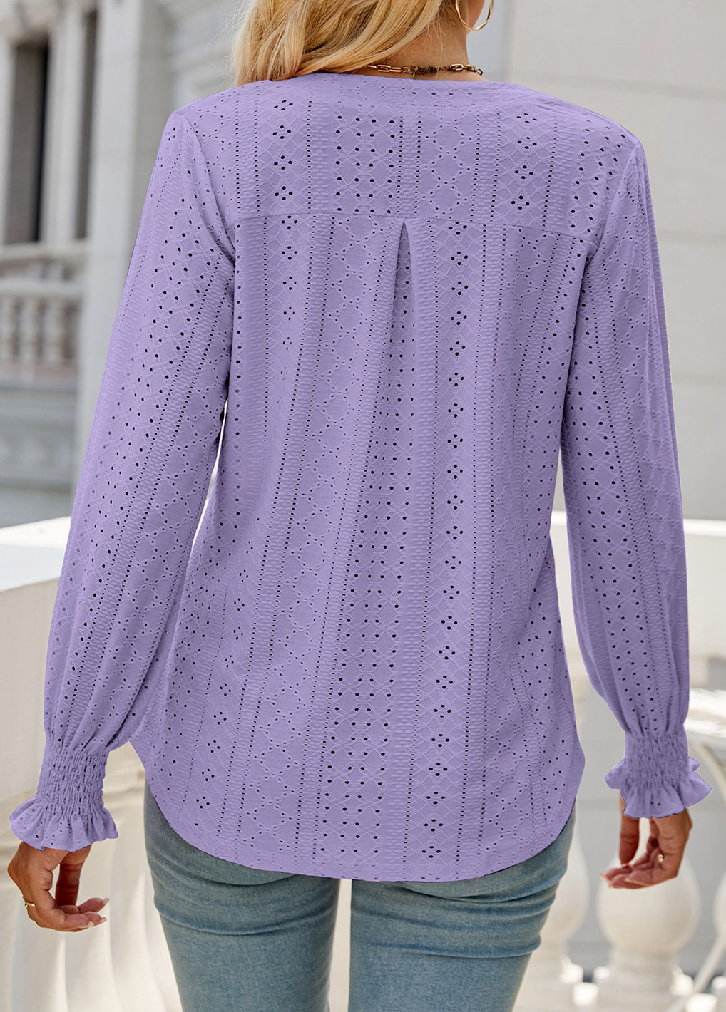 Breathable Neon Violet Split Neck Long Sleeve Blouse
