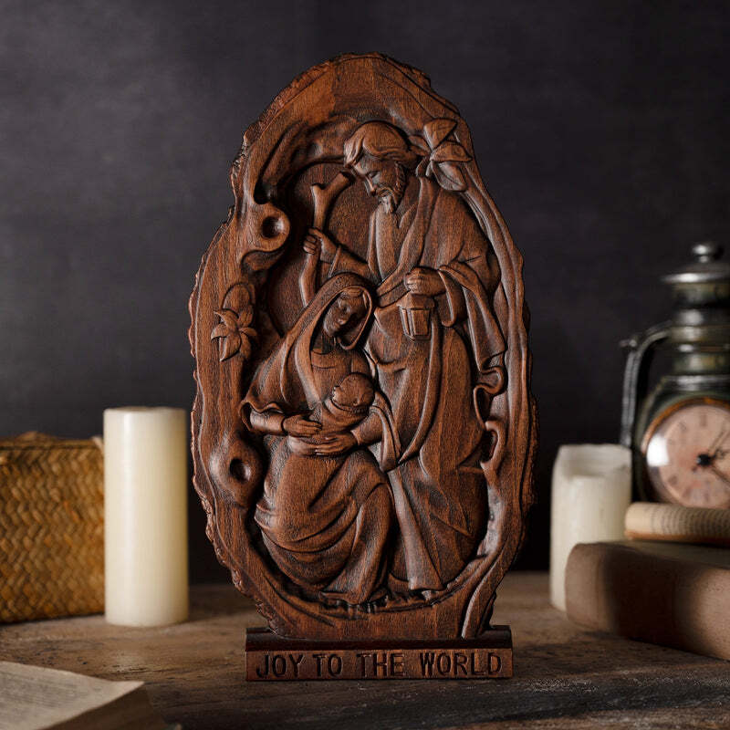 Natural Beechwood Nativity Scene Wooden Carved Plaque Tabletop Arrange