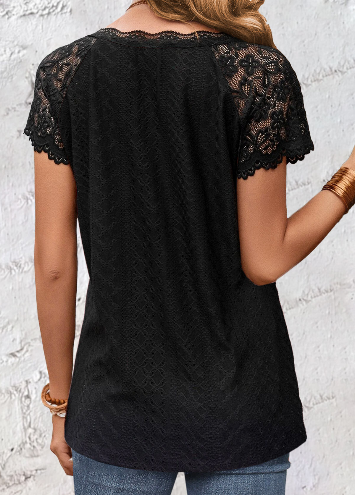 Black Lace Short Sleeve V Neck T Shirt