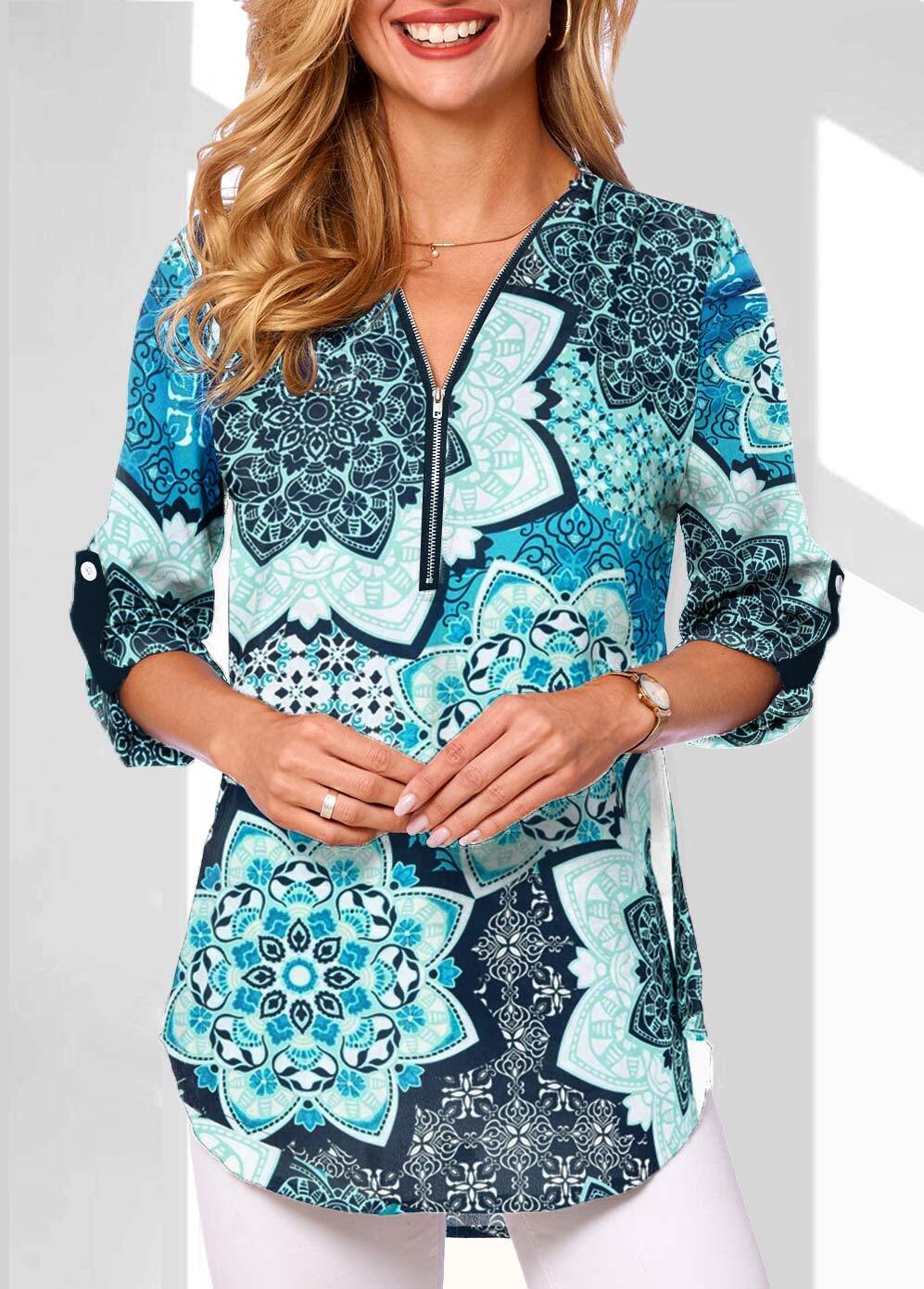 Long Sleeve Quarter Zip V Neck Blouse