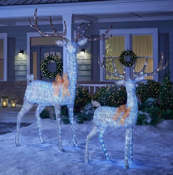 65 in cool white 200 light led silver deer with gold bow