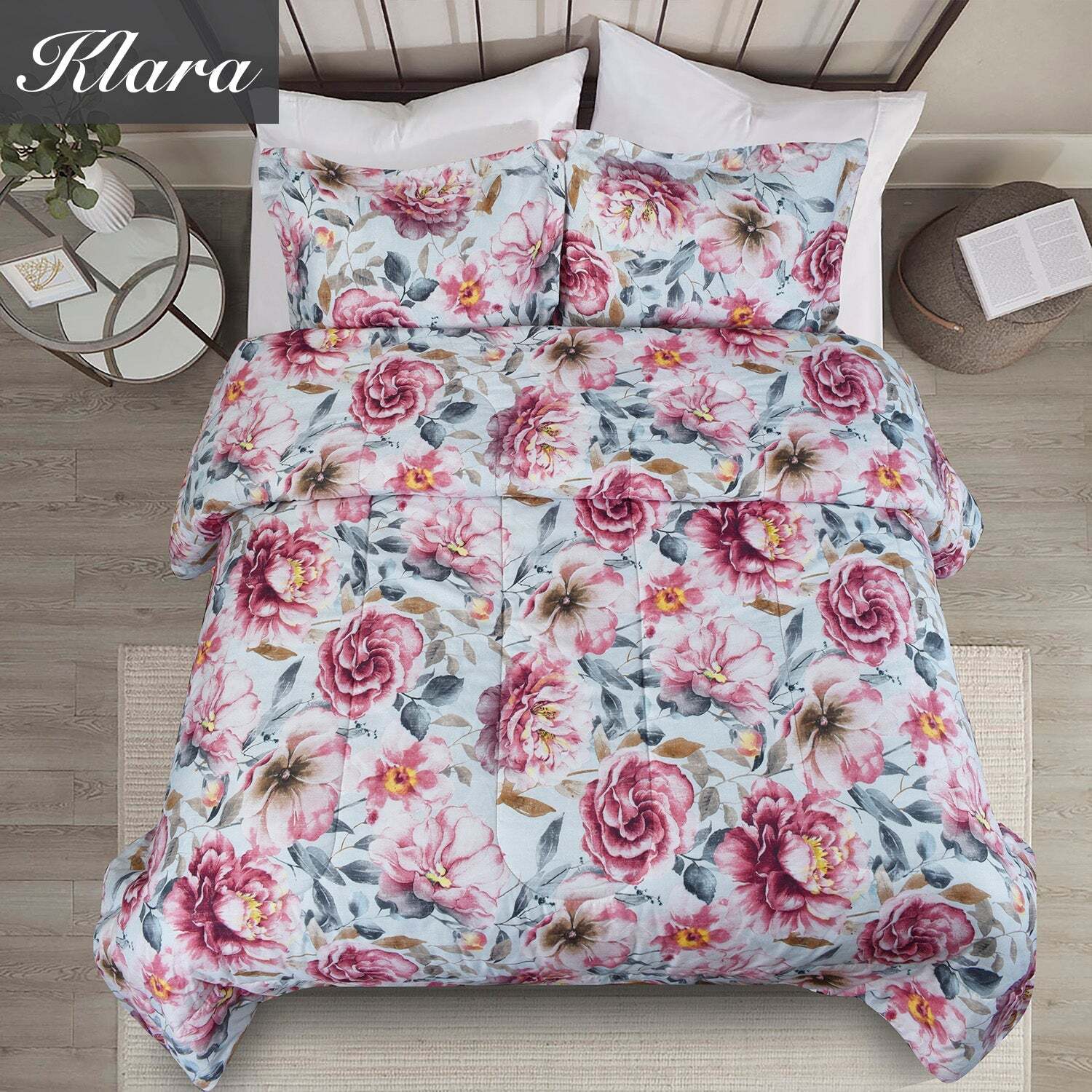 HIG 3 Pieces Botanical Floral Printed Comforter Set with Peony Flowers