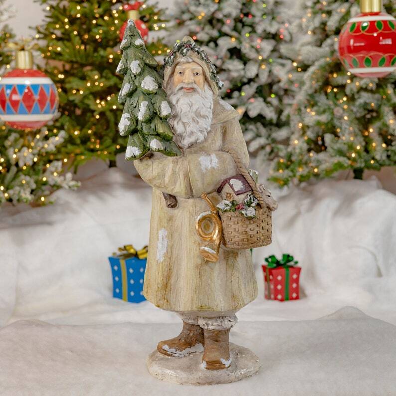 Olde World Santa Claus Holding Christmas Tree & Basket/Bag of Gifts