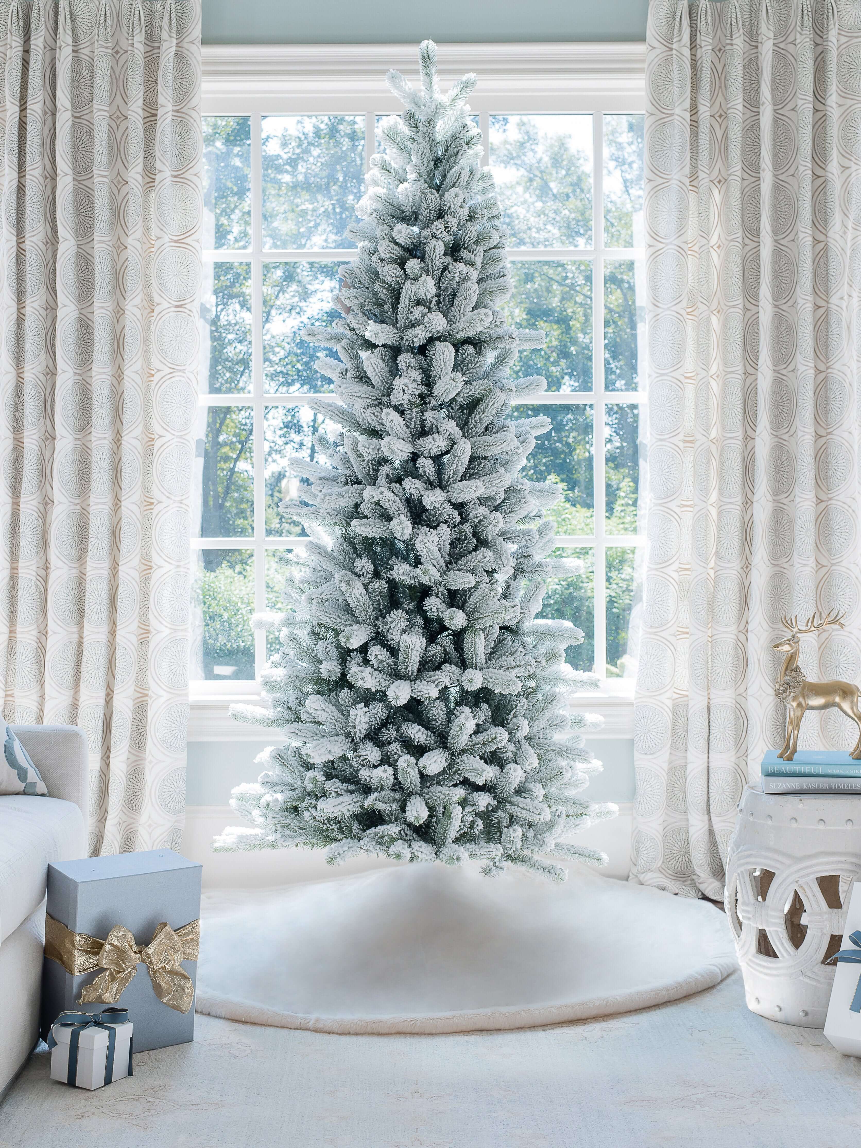 7.5' King Flock® Slim Artificial Christmas Tree with 650 Warm White LED Lights