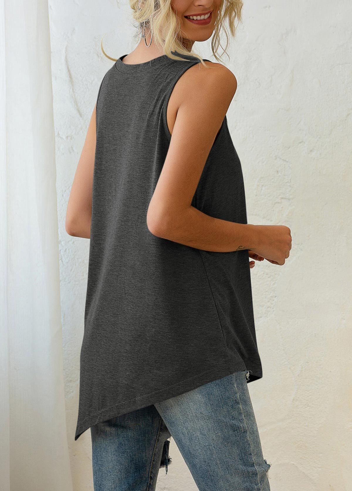 Asymmetric Hem Coral Red Decorative Button Tank Top