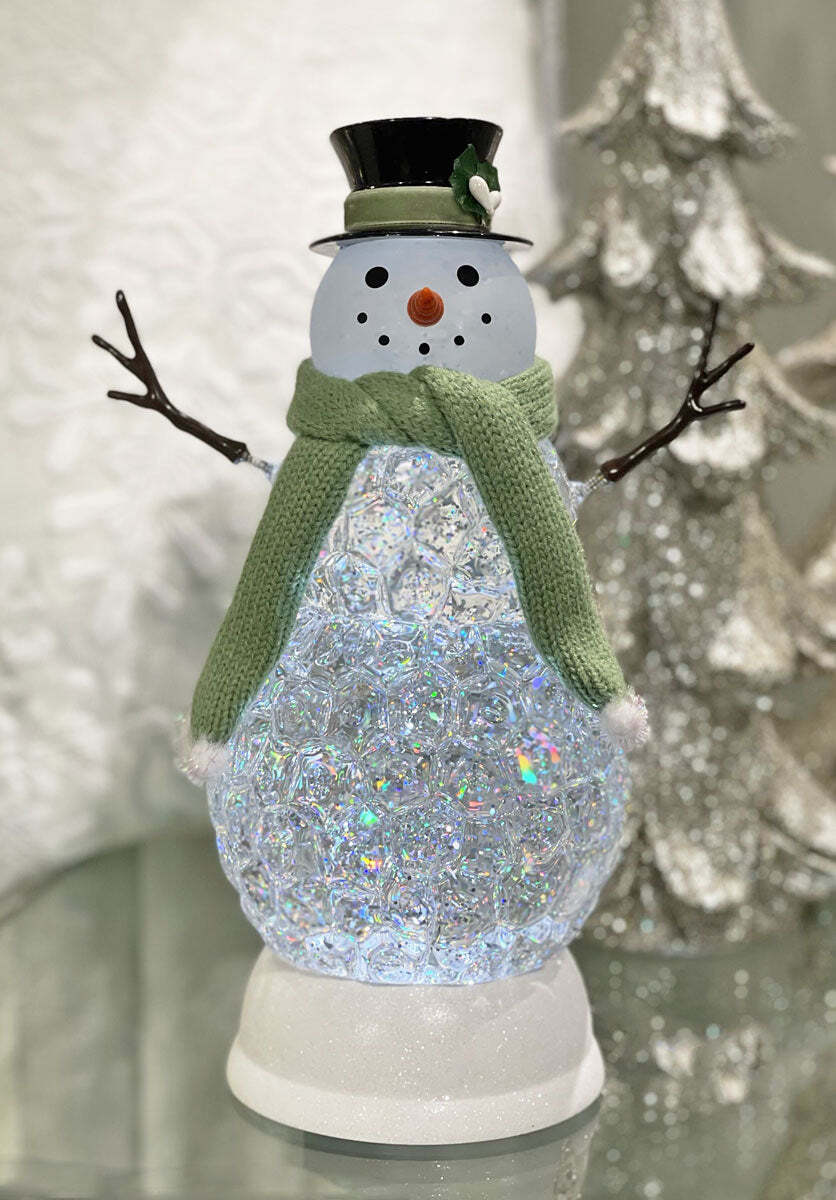 MOMENTS IN TIME 13.5“H Acrylic Ice Cube Snowman - LED Lights, Water  Spinning Glitter, Battery Operated