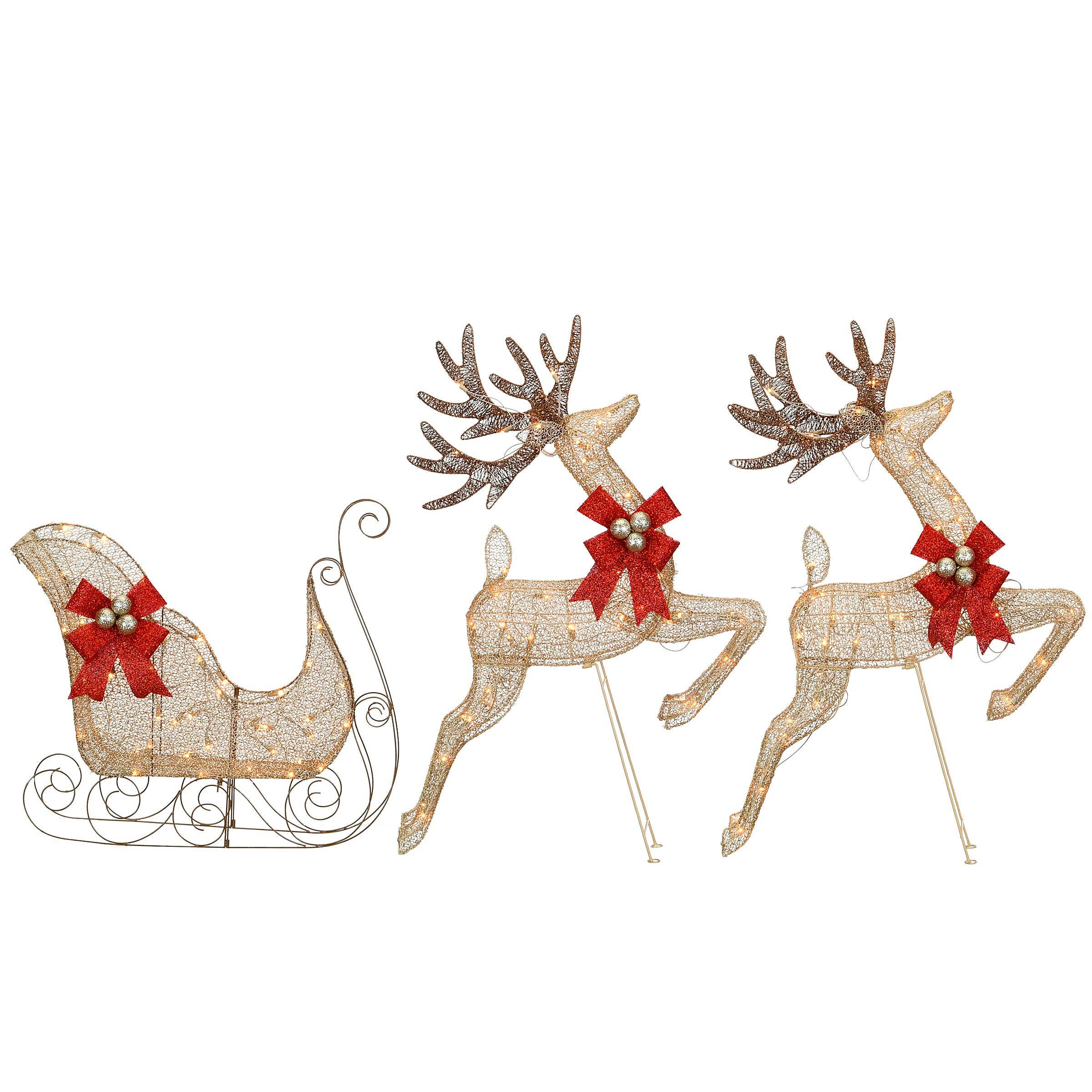 Champagne Reindeer and Sleigh with Clear Lights
