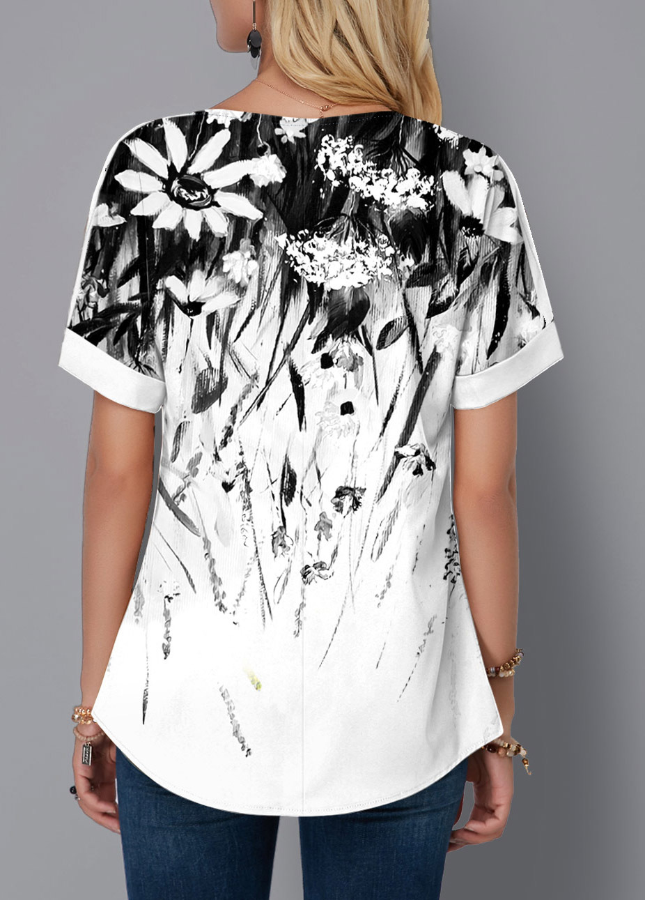Floral Print White Split Neck T Shirt