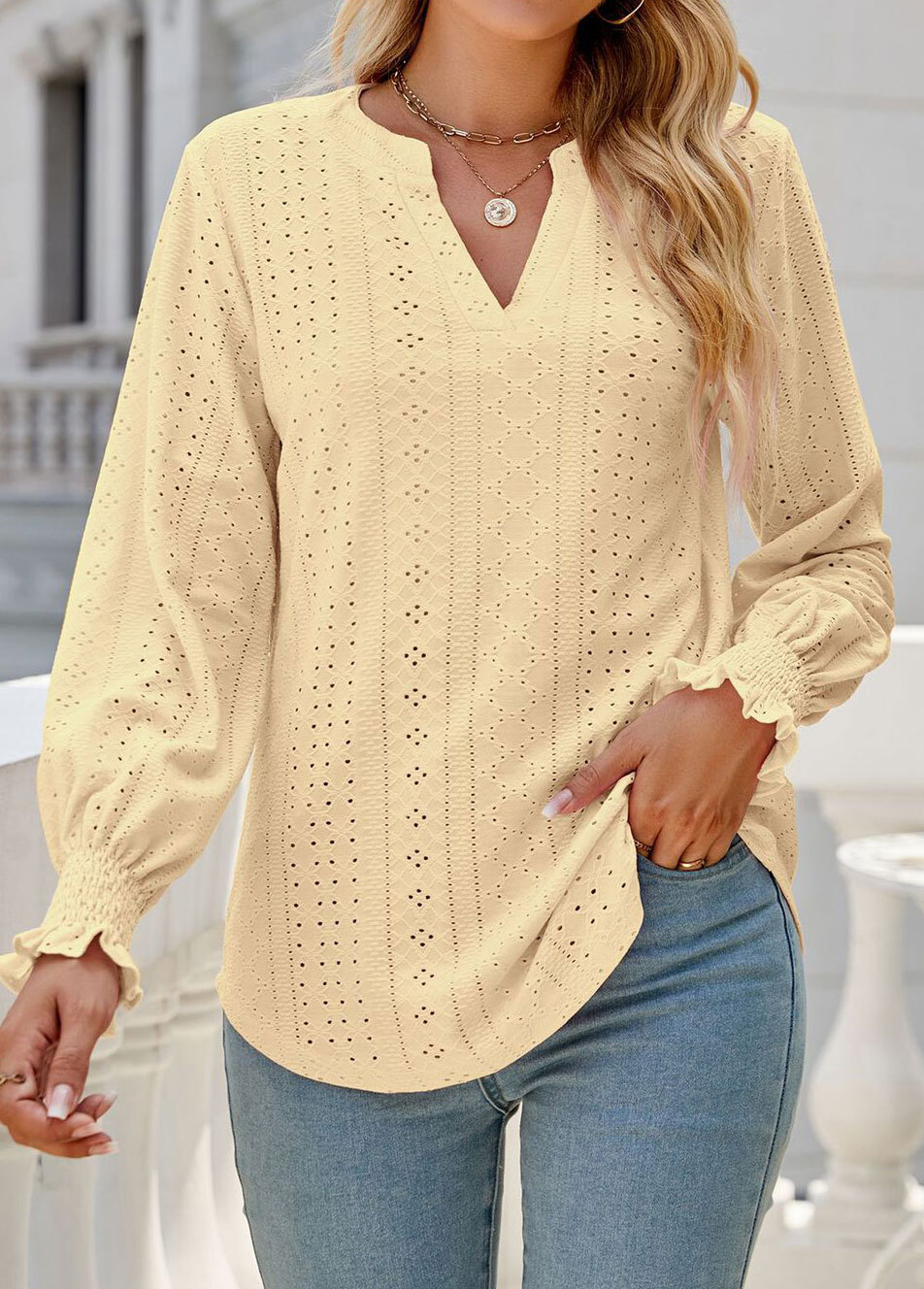 Breathable Neon Violet Split Neck Long Sleeve Blouse
