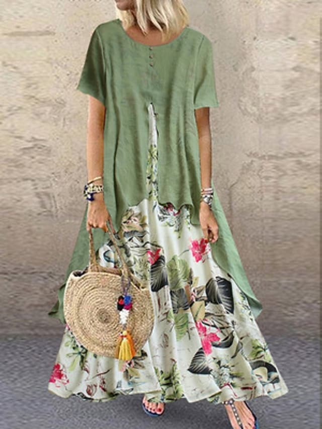 Short Sleeve Floral Patchwork Linen Dress