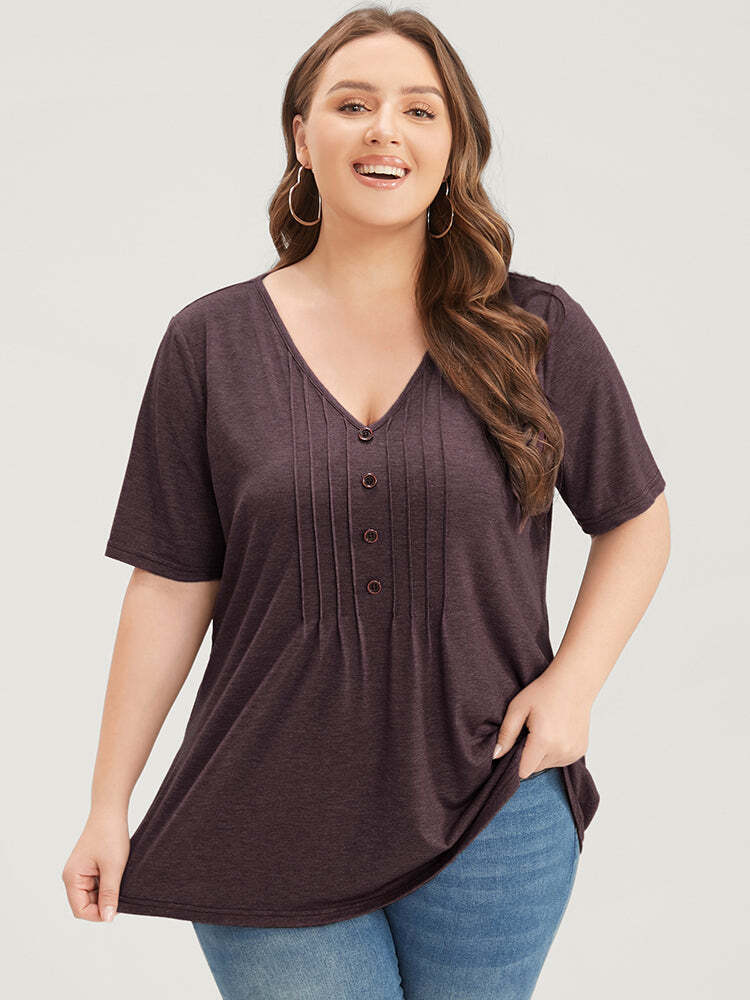 Solid Pleated Front Button Detail V Neck T-shirt