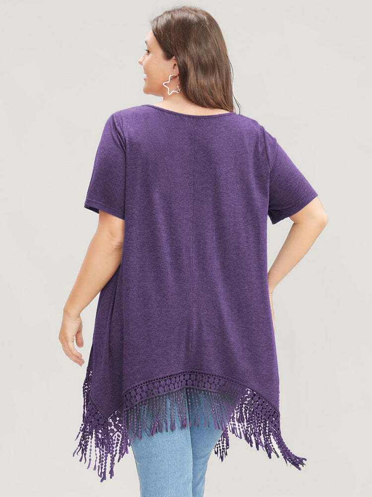 Solid Round Neck Lace Fringe Hem T-shirt