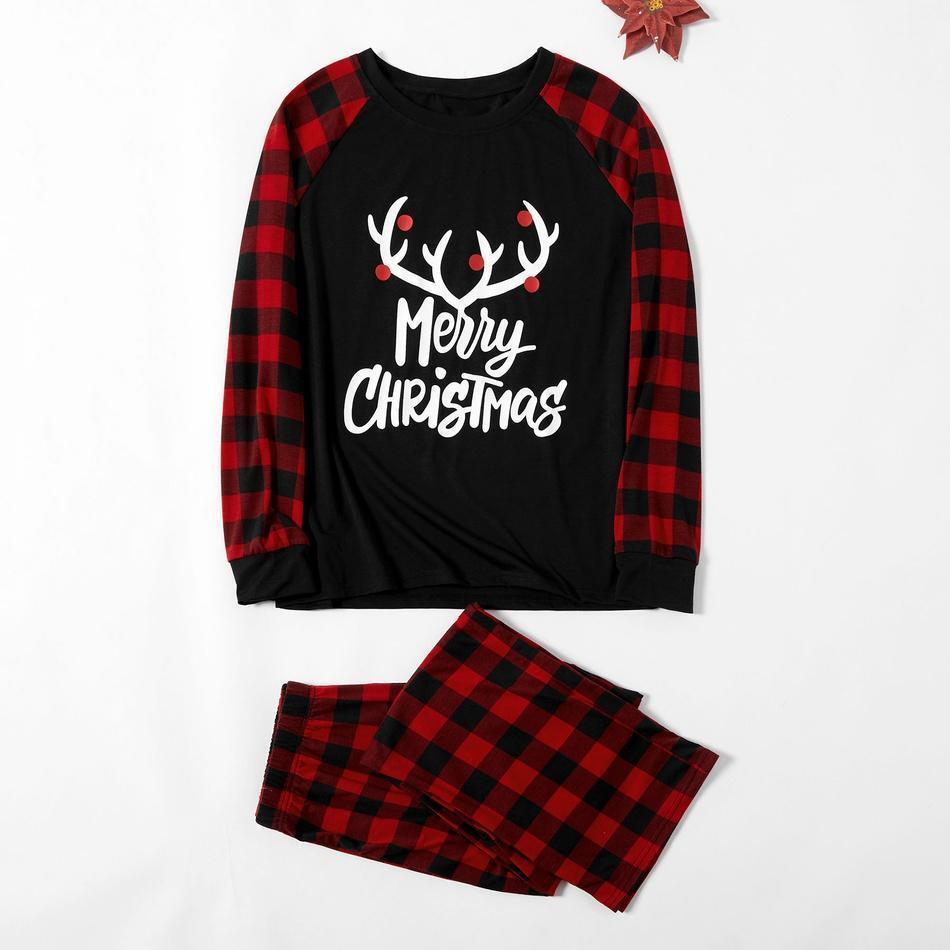 Merry Christmas Antler Contrast top and Plaid Pants Family Matching Pajamas Set(with Pet Dog Clothes)