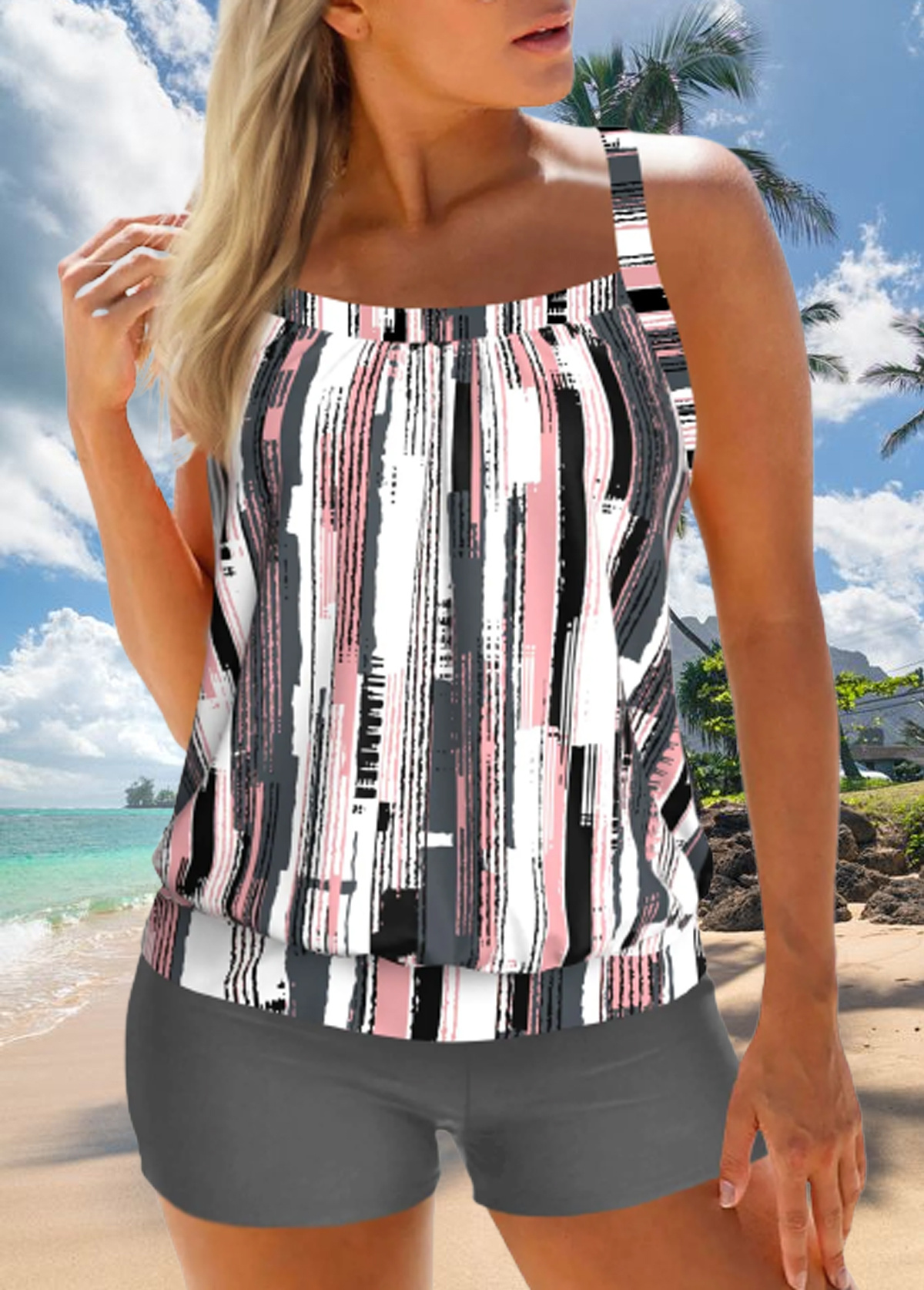 Vertical color block cross printing Tankini Top