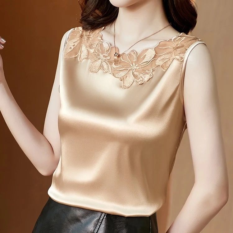 2022 Fashion Chiffon Tops Shirt Women Summer Loose Vest Satin Sleeveless Lace V-neck Top Office Lady Blouse