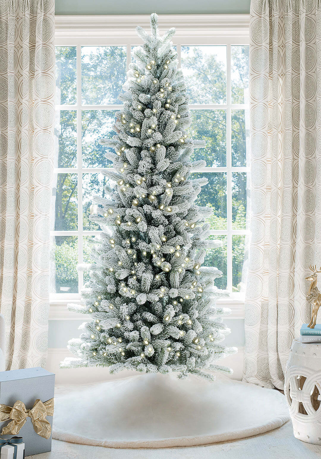 10' King Flock® Slim Artificial Christmas Tree with 1000 Warm White LED Lights