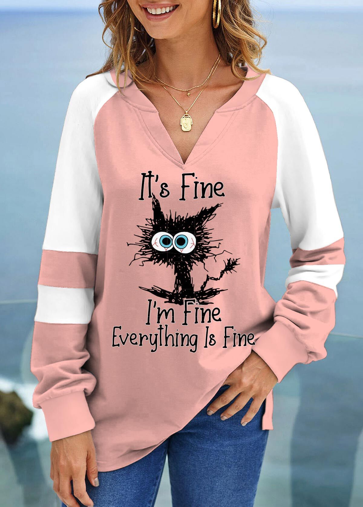 Pink Patchwork Long Sleeve V Neck Sweatshirt