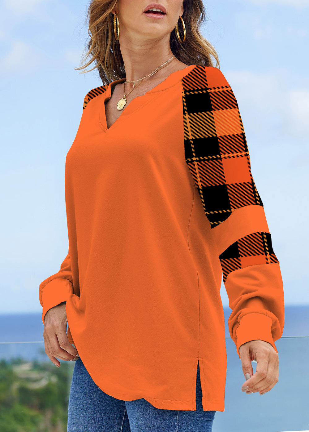 Pink Patchwork Long Sleeve V Neck Sweatshirt