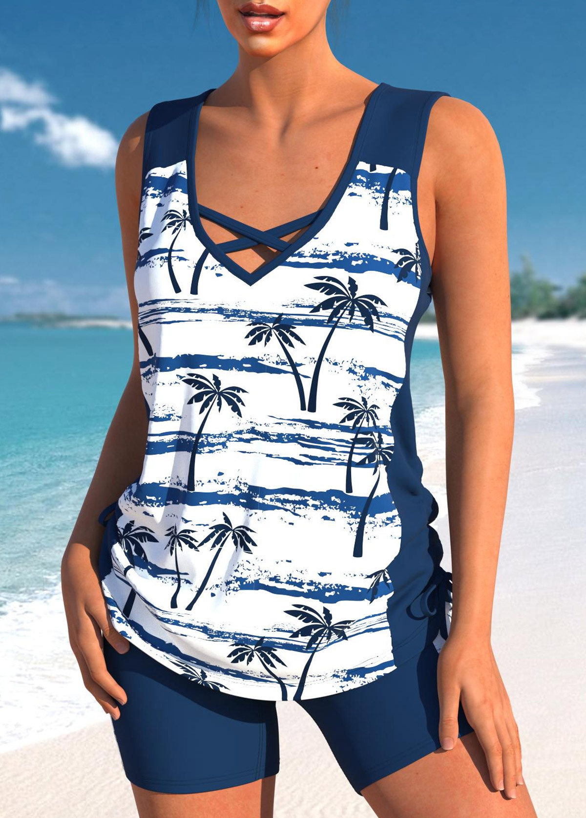 Navy Coconut Tree Print Tankini Top