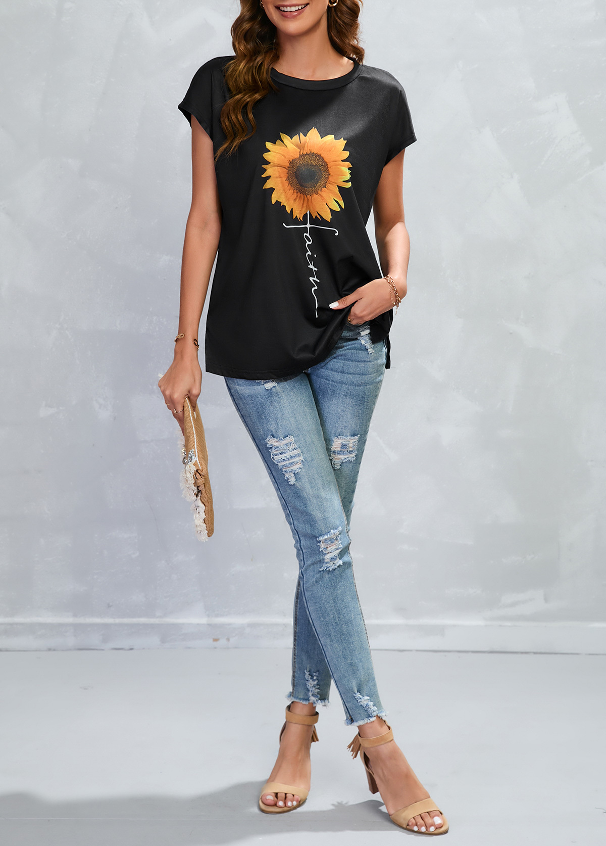 Black Lightweigh Sunflower Print Short Sleeve T Shirt