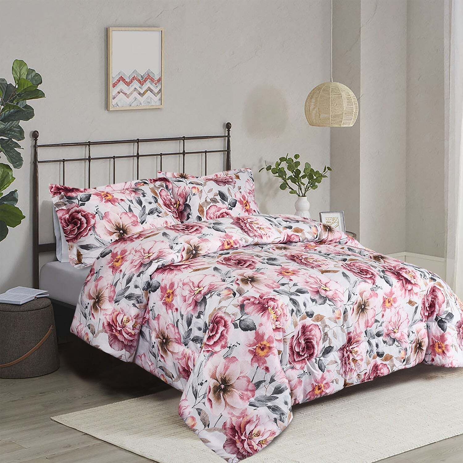 HIG 3 Pieces Botanical Floral Printed Comforter Set with Peony Flowers ...