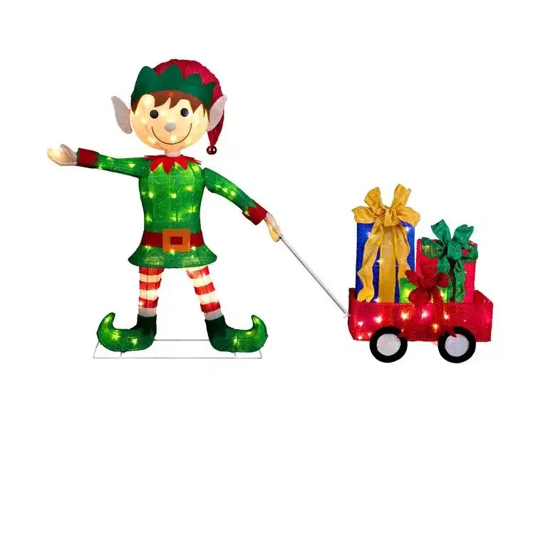 2 Piece Elf Pulling Wagon Lighted Display Set