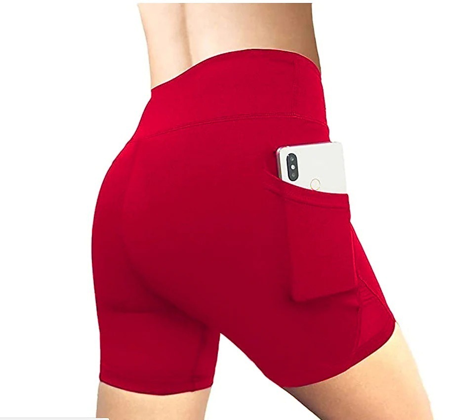 Women's Wide Band Waist Sports Shorts With Phone Pocket Solid Colored High Waist Elastic Yoga Running Bottom Pants