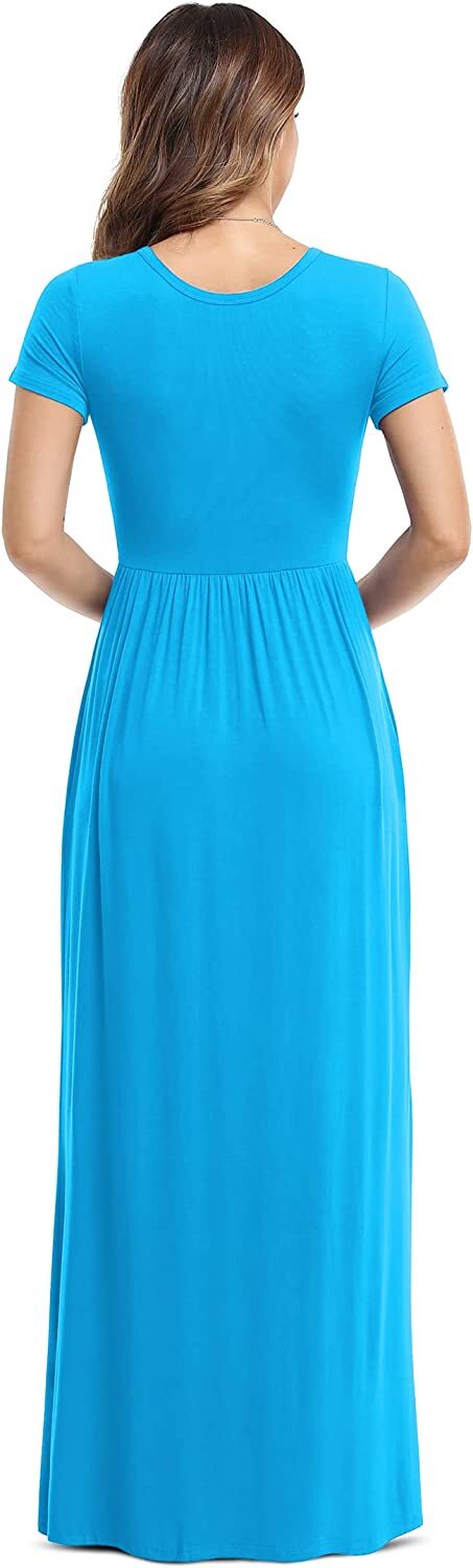 Women's Short Sleeve Loose Plain Maxi Dresses Casual Long Dresses with Pockets