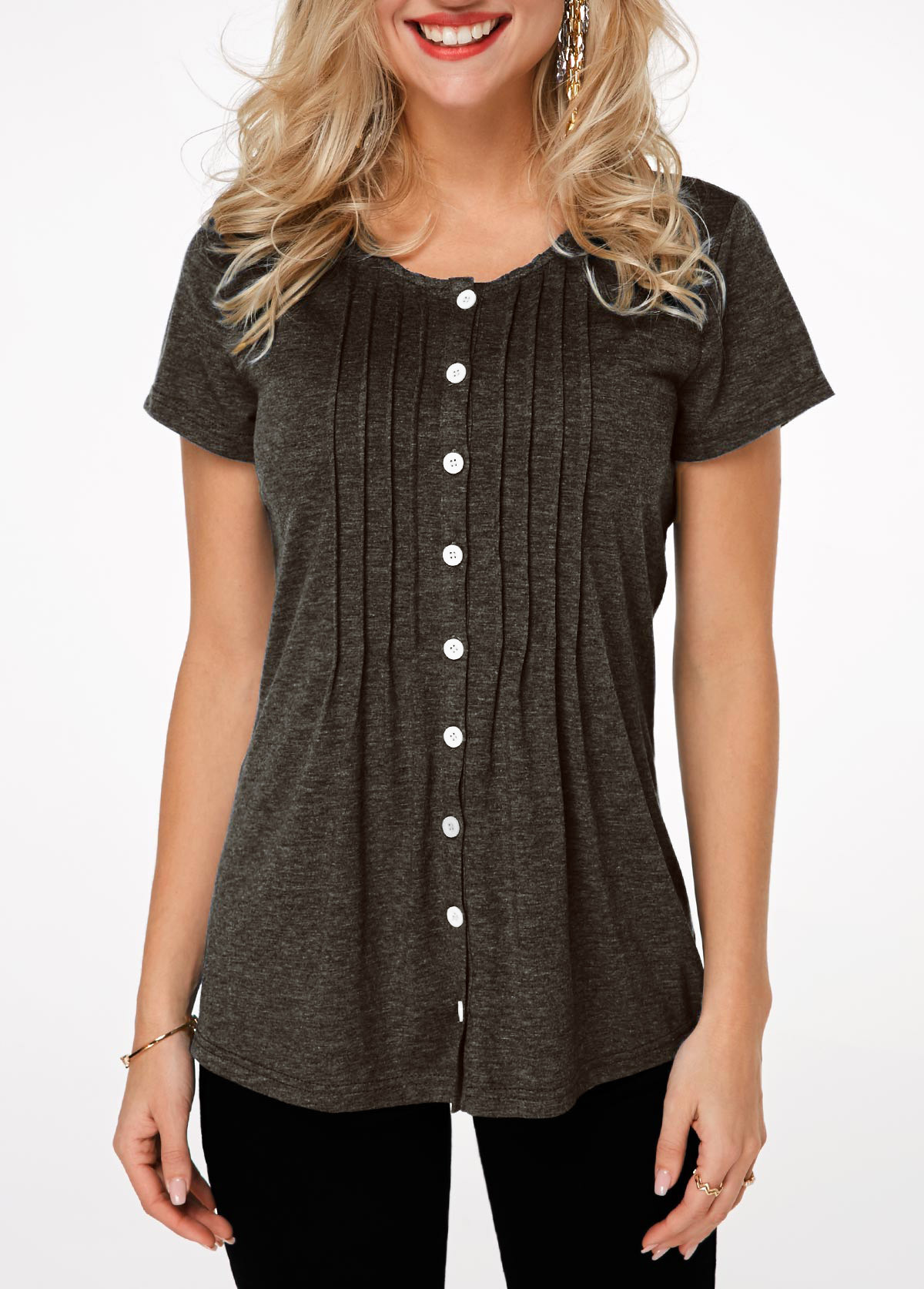 Pleated Button Up Short Sleeve T Shirt